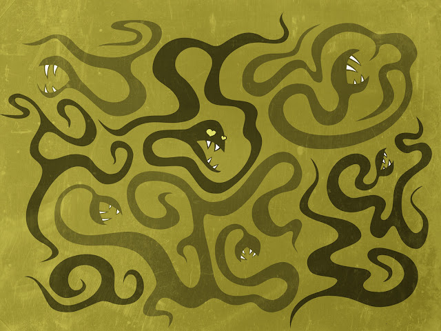 desktop wallpaper with a dark textured illustration of a funny snake with heart shaped eyes