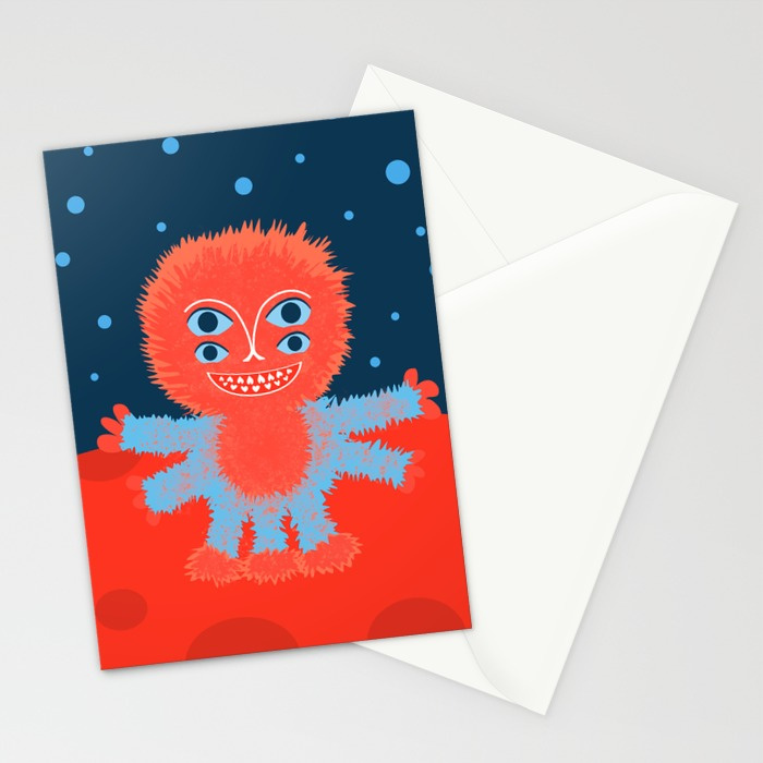 Happy alien character cards at Society6