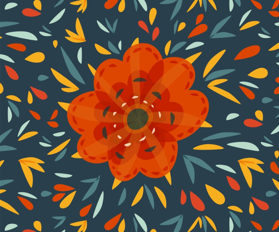 Decorative flower art depicting an orange flower with many geometric colorful elements over dark blue background