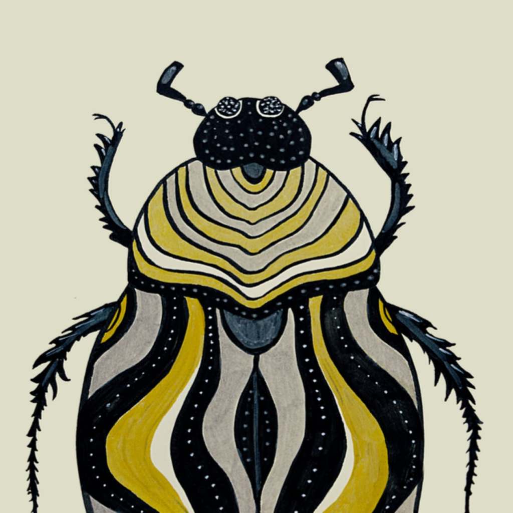 Beetle ink drawing with stripes in grey gold and black