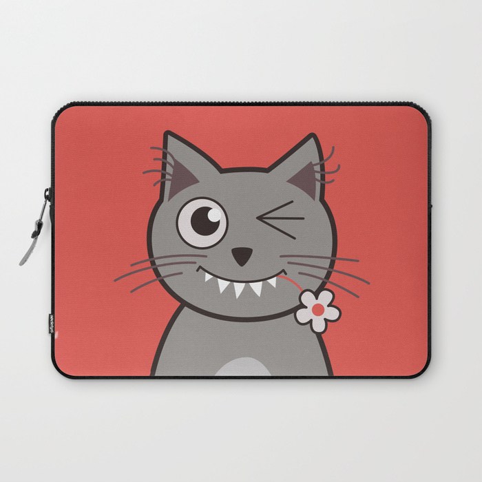 Cat wink cute cartoon kitty laptop sleeve at Society6