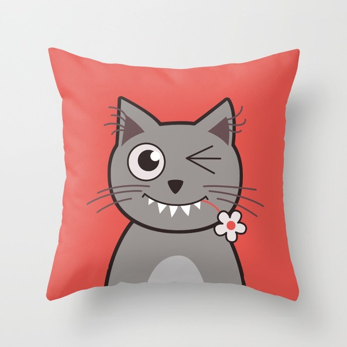 Cat wink cute cartoon kitty pillow at Society6