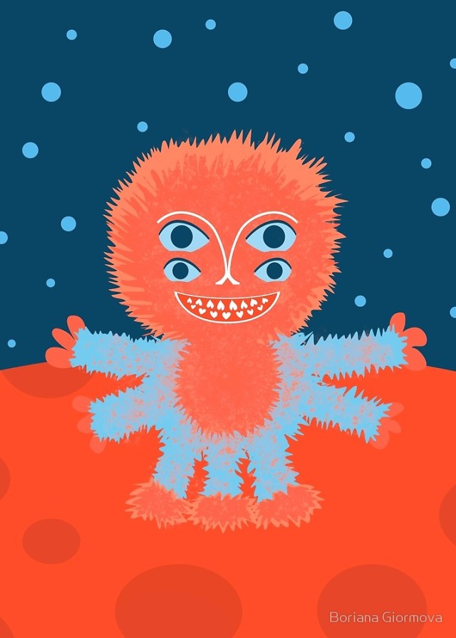 Fluffy alien art print depiction a cute character smiling happily, standing on a red planet.