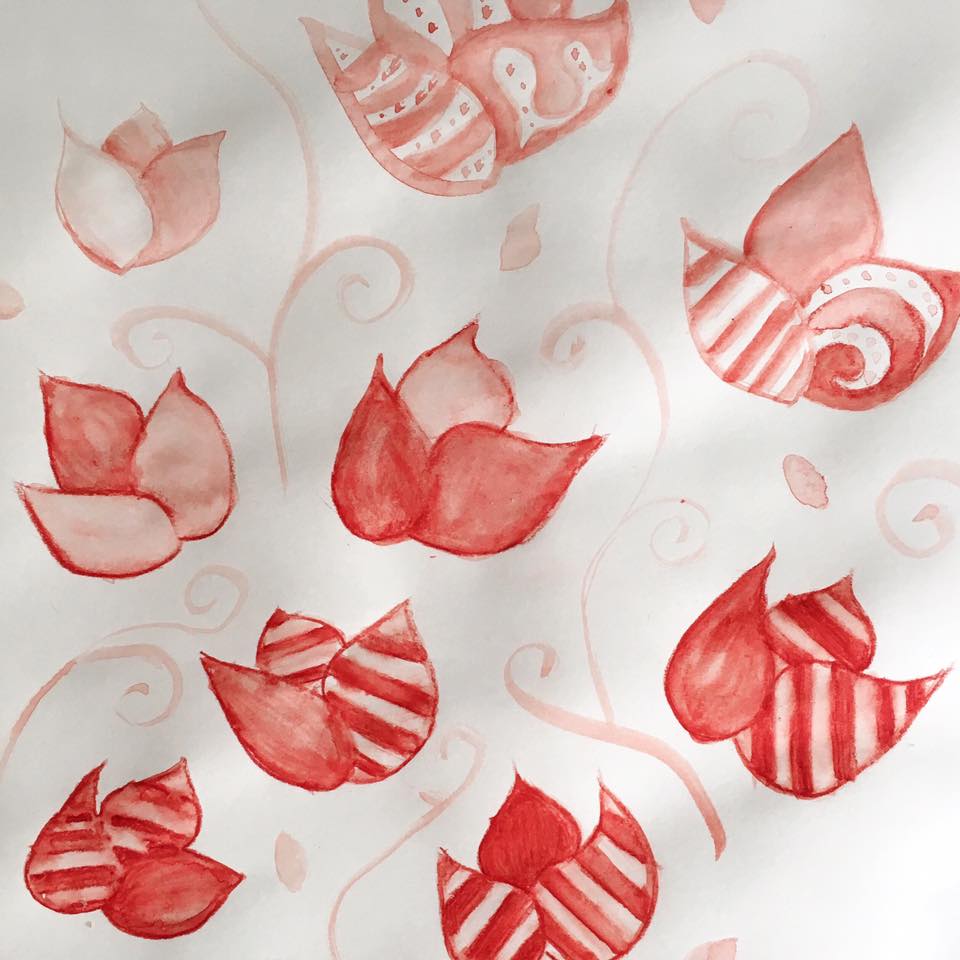 Abstract red flowers watercolor sketch