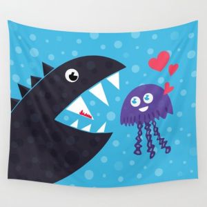 Cartoon jellyfish and sea monster in love tapestry at Society6