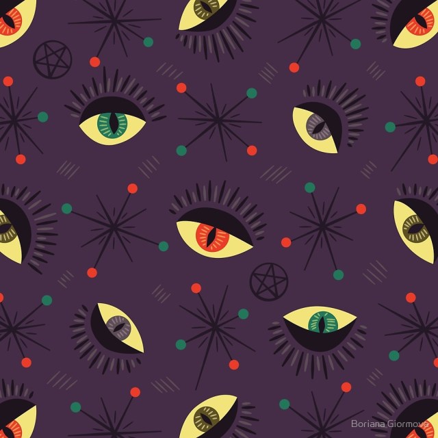 Halloween pattern with reptile witch eyes in retro style