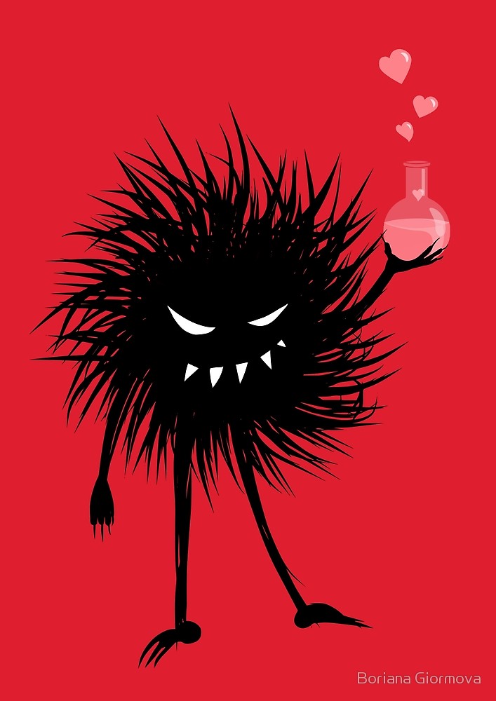 Chemistry art featuring a vector illustration of an evil bug holding a love potion