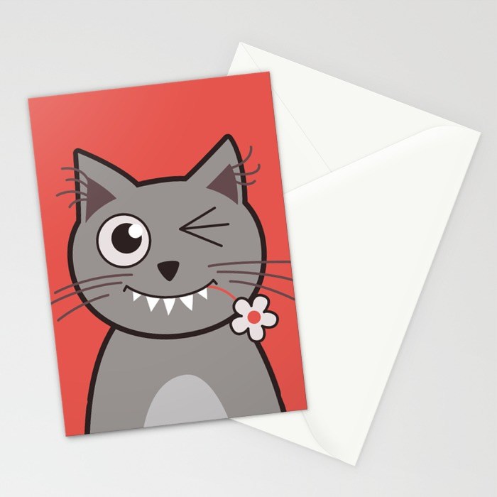 Cat wink cute cartoon kitty cards at Society6