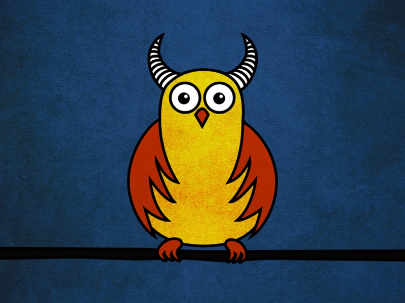 Cartoon illustration of a funny horned owl