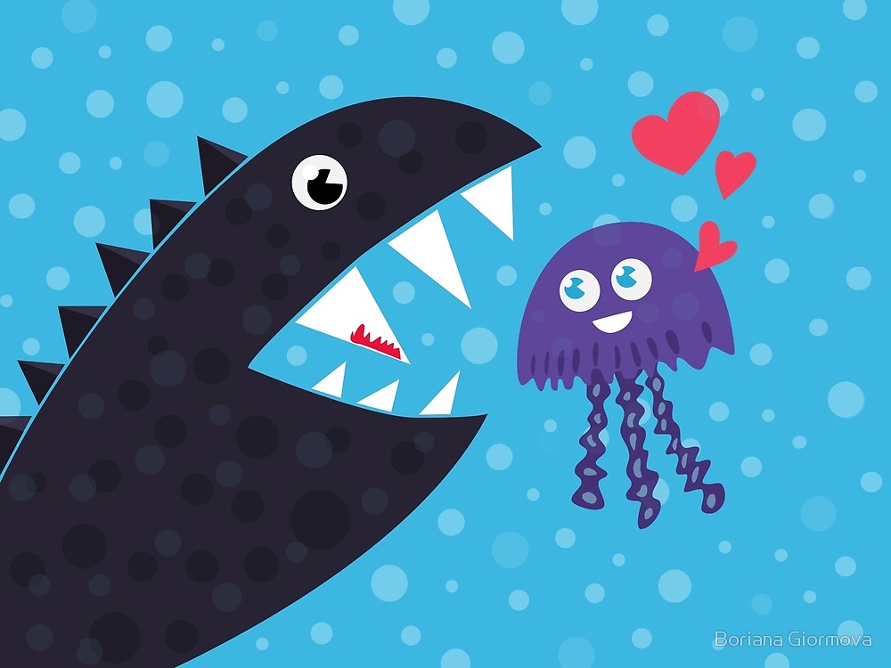 Cartoon jellyfish and sea monster in love vector illustration