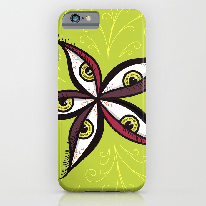 Green eyes iPhone case with a bold vector illustration of a flowers made of green eyes with purple and red eyelids over intense light green background with swirls.