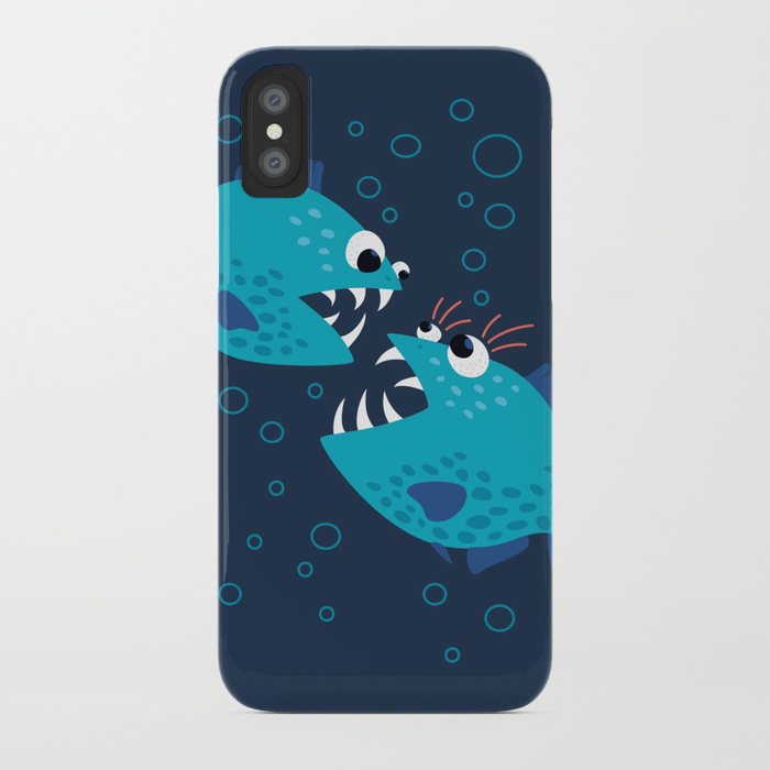 Gossiping blue piranha fish iPhone case