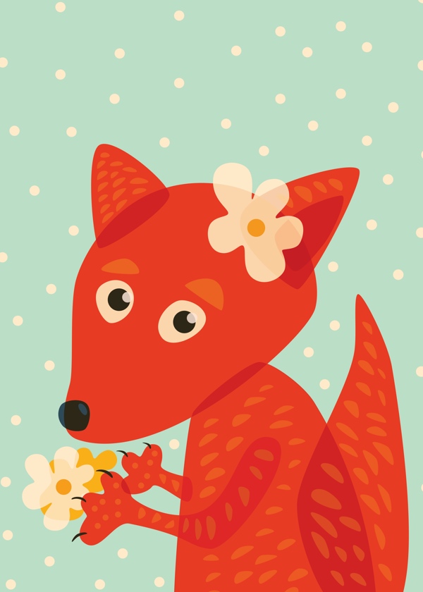 Cute fox with flowers cartoon vector illustration for kids in lovely orange and blue colors