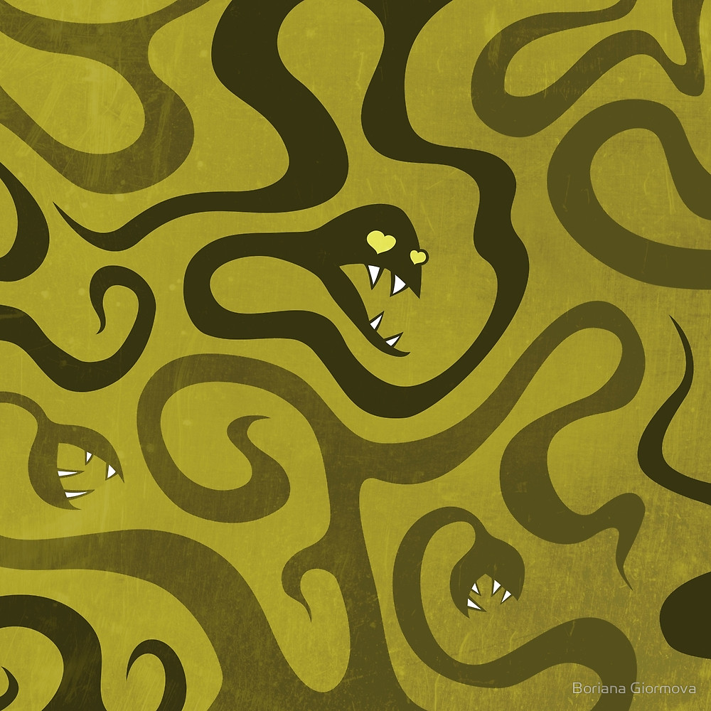 Grunge textured illustration of a funny snake with heart shaped glasses and other squirming reptiles around it