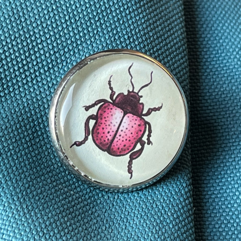 Handmade pinback button with original art of a pink beetle