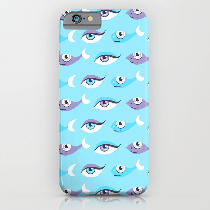 Eyes and fish iPhone case with a vector pattern made of blue and purple eyes and blue and purple fish.