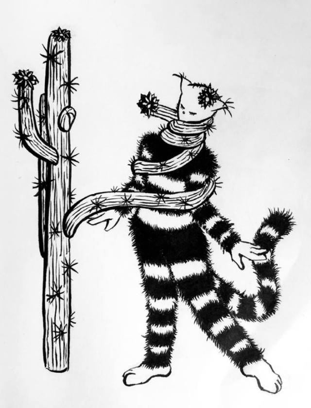 Day 25 of Inktober - prickly - drawing of a cactus wrapping around a weird girly cat