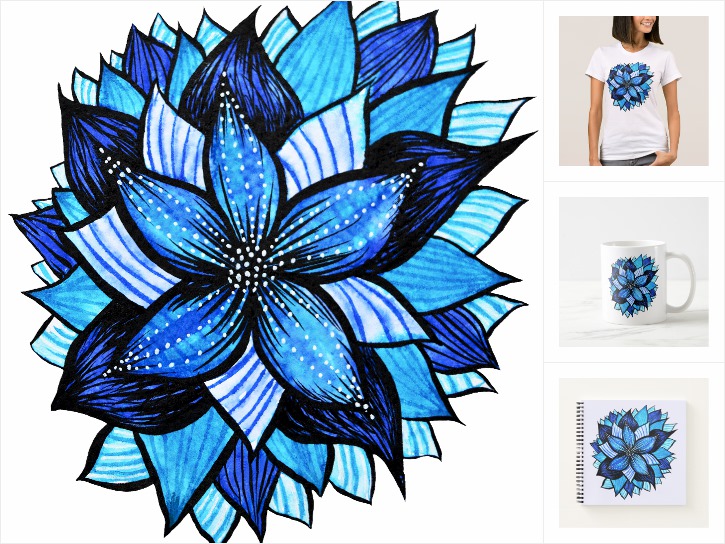 Blue Flower Ink Drawing