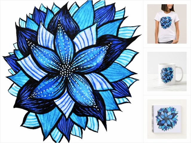 Blue Flower Ink Drawing
