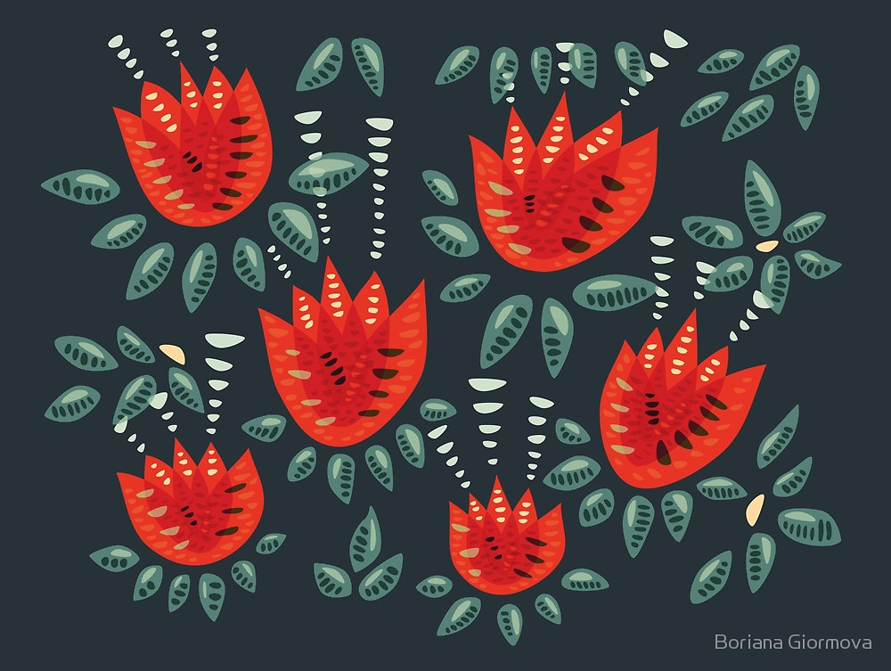 Tulip pattern with red tulips and abstract decorative leaves