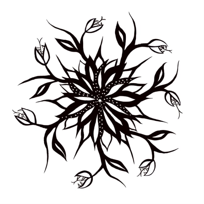 Black and white floral mandala with teeth