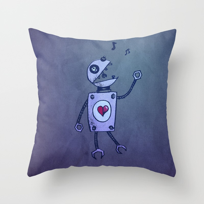 Robot character throw pillow at Society6