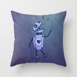 Robot character throw pillow at Society6