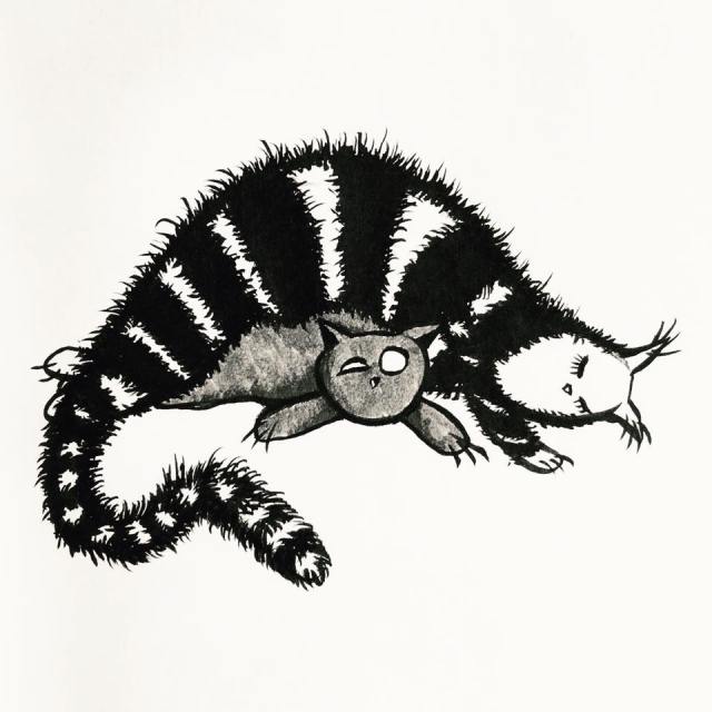 Weird mother cat protecting its kitty - ink drawing 