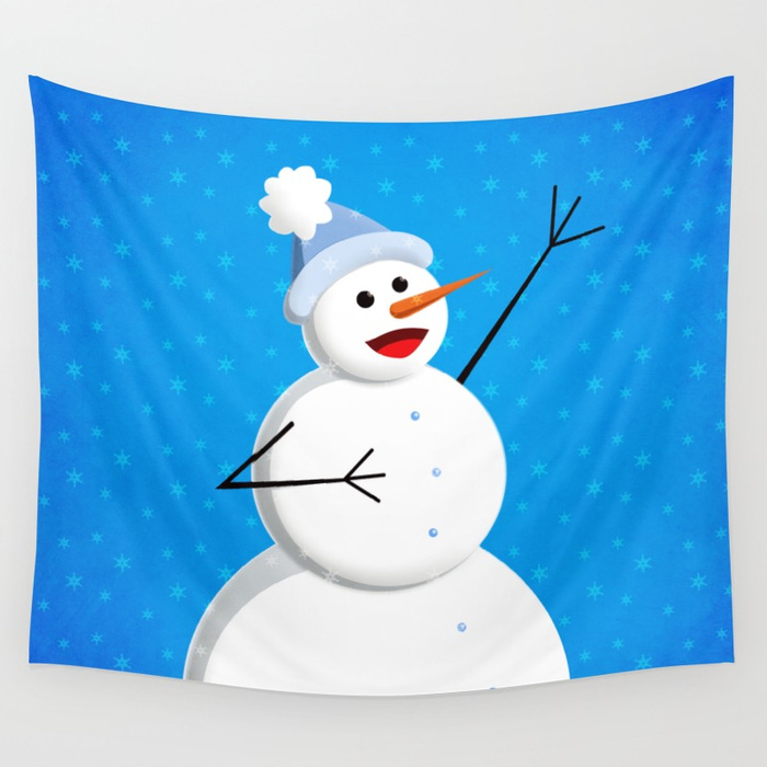 Singing snowman in blue tapestry at Society6