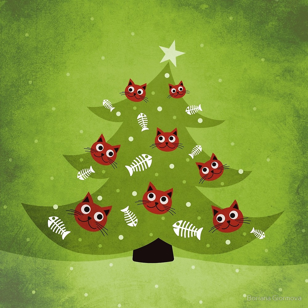 Art print with a funny Christmas illustration of a tree with cat and fish bone ornaments in green tones