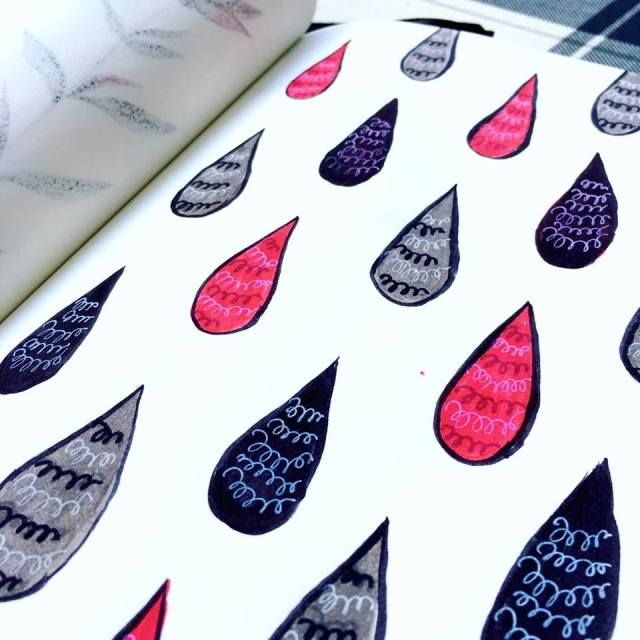 drops pattern in black, grey and red, one of my recent ink sketches