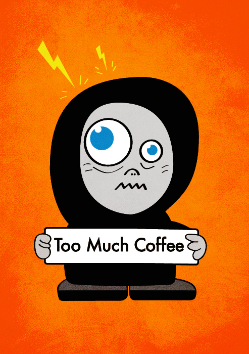 Funny coffee illustration with a cartoon character - coffee addict.