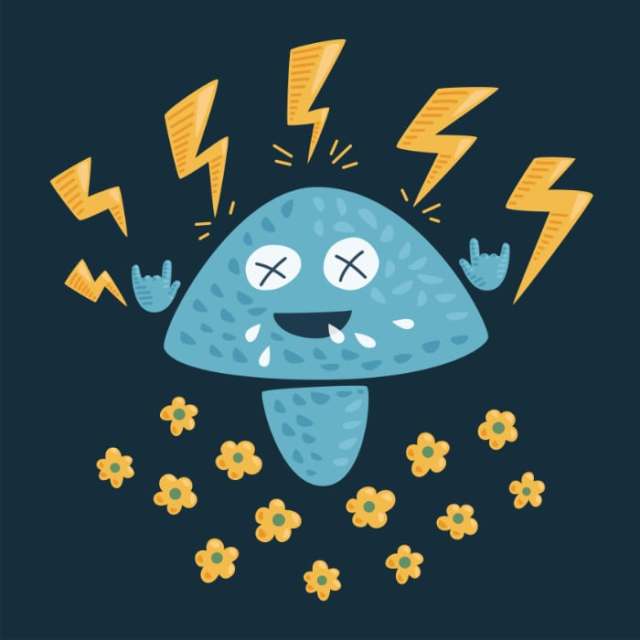 Metal music art print with a funny cartoon mushroom with hands in the common gesture for a dark music fan