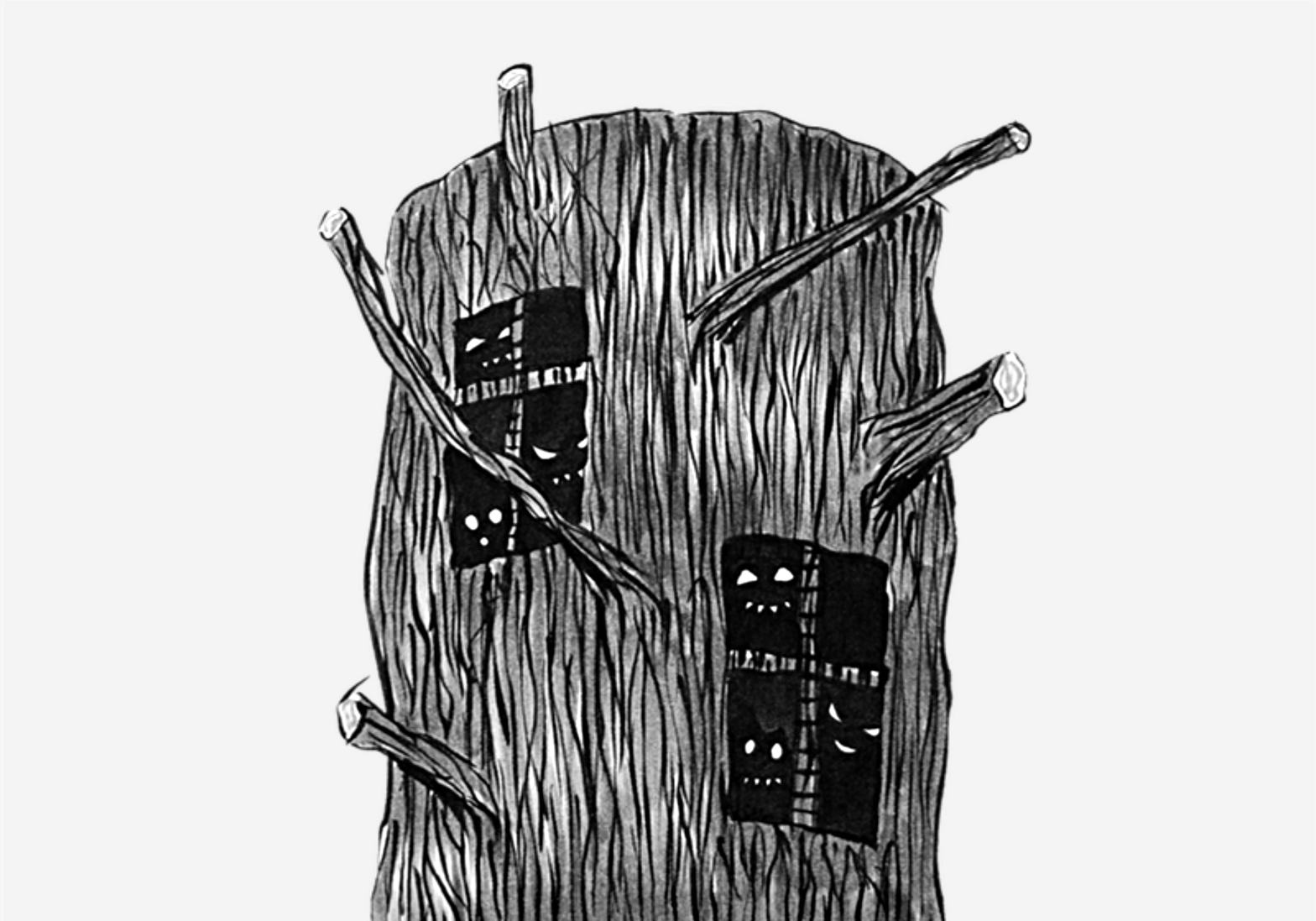 Tree drawing in ink with forest creatures