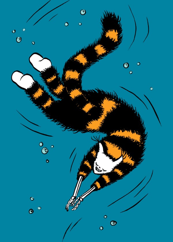 weird cat swimming and its front paws are skeleton hands