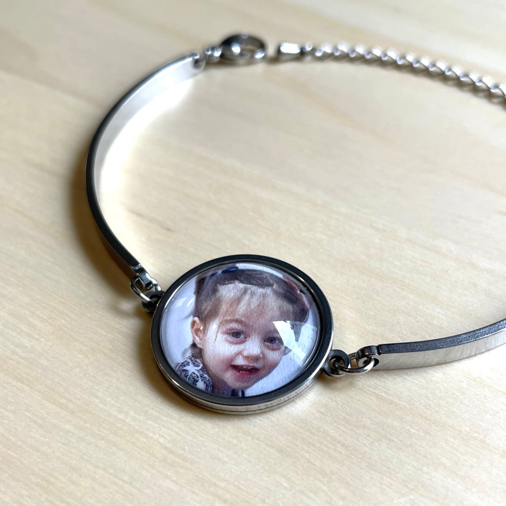 Handmade stainless steel personalized cabochon bracelet with a custom photo crafter by artist Boriana Giormova, Bulgaria