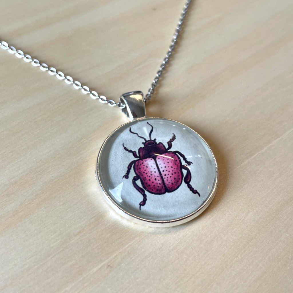 pink beetle necklace for insect lovers from zinc alloy and glass