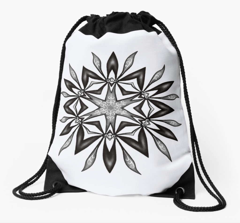 drawstring bag with a monochrome mandala flower