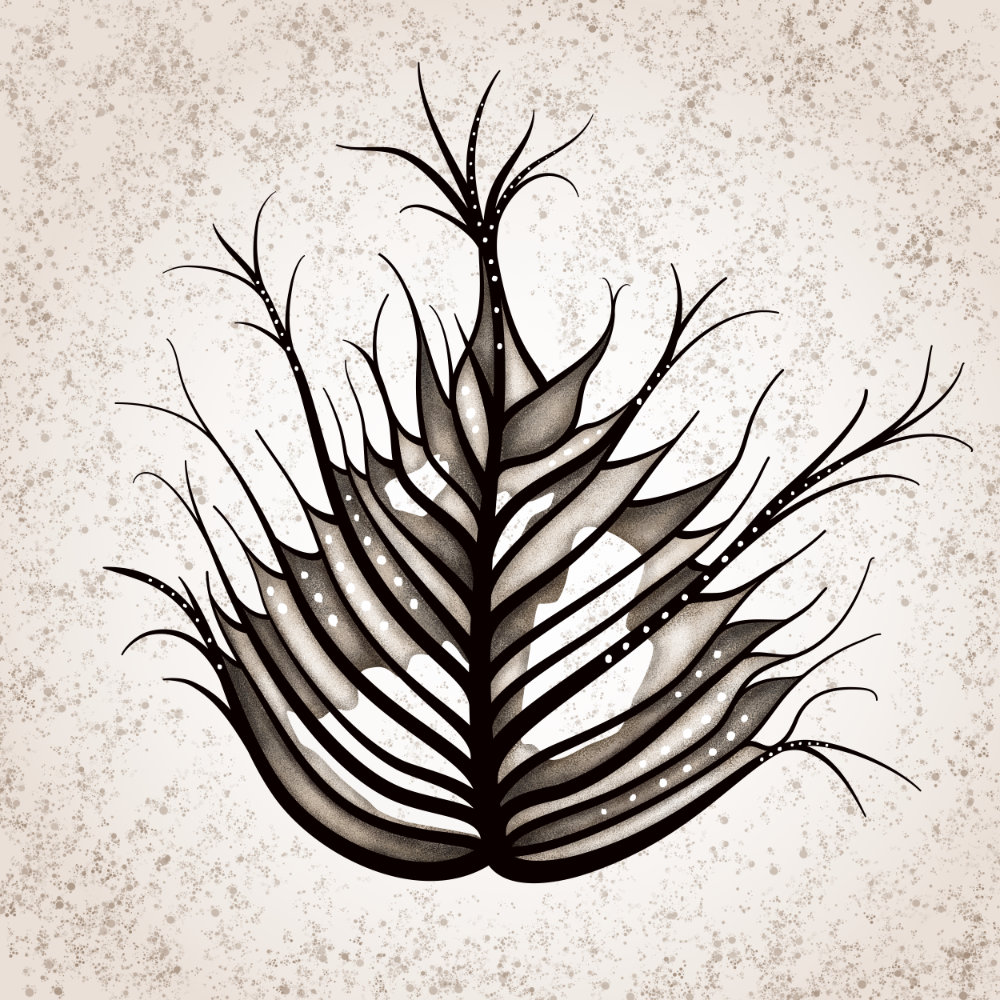 Abstract leaf digital artwork in sepia tones and black depicting a weird leaf with holes and veins stretching out of the leaf. Nostalgic, moody piece of art drawn by Boriana Giormova, Sofia, Bulgaria