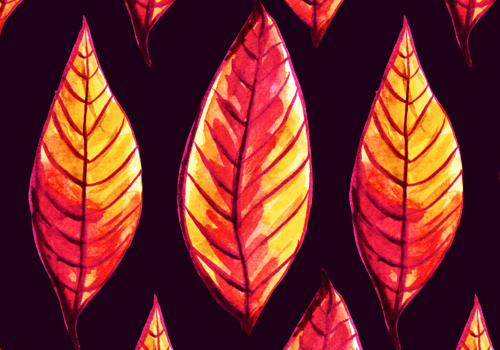 детайл на дизайна с ярки есенни листа в червени и жълти тонове, рисувани с мастило и акварел от Боряна Гьорова, София, България