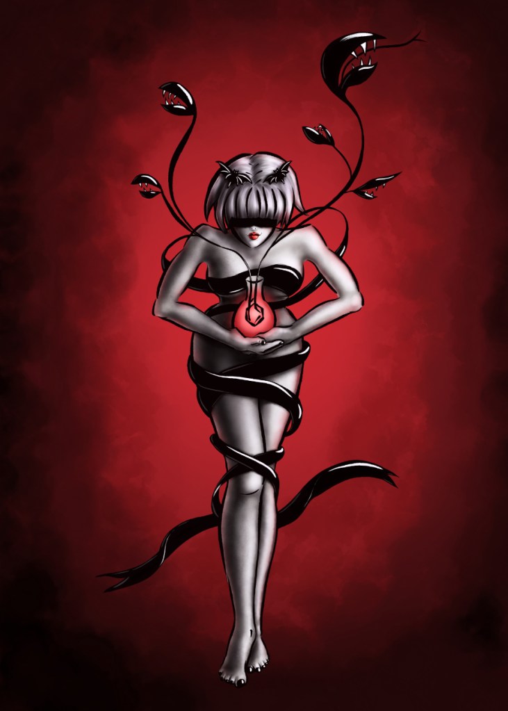 Digital artwork depicting a witchy woman half naked in shades of red and black holding a flask with benzene molecule which transforms into a flower monster. The woman’s eyes are hidden by a bandage. Drawn by Boriana Giormova, Sofia, Bulgaria