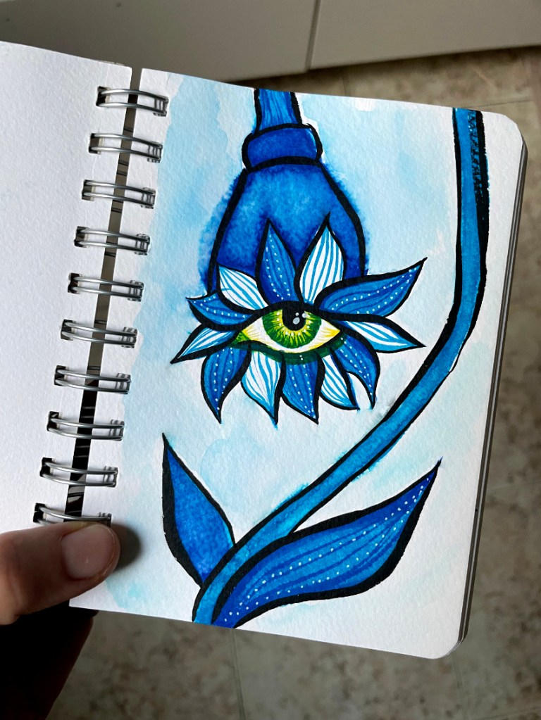 photo of original watercolor and ink drawing of the creepy eye artwork