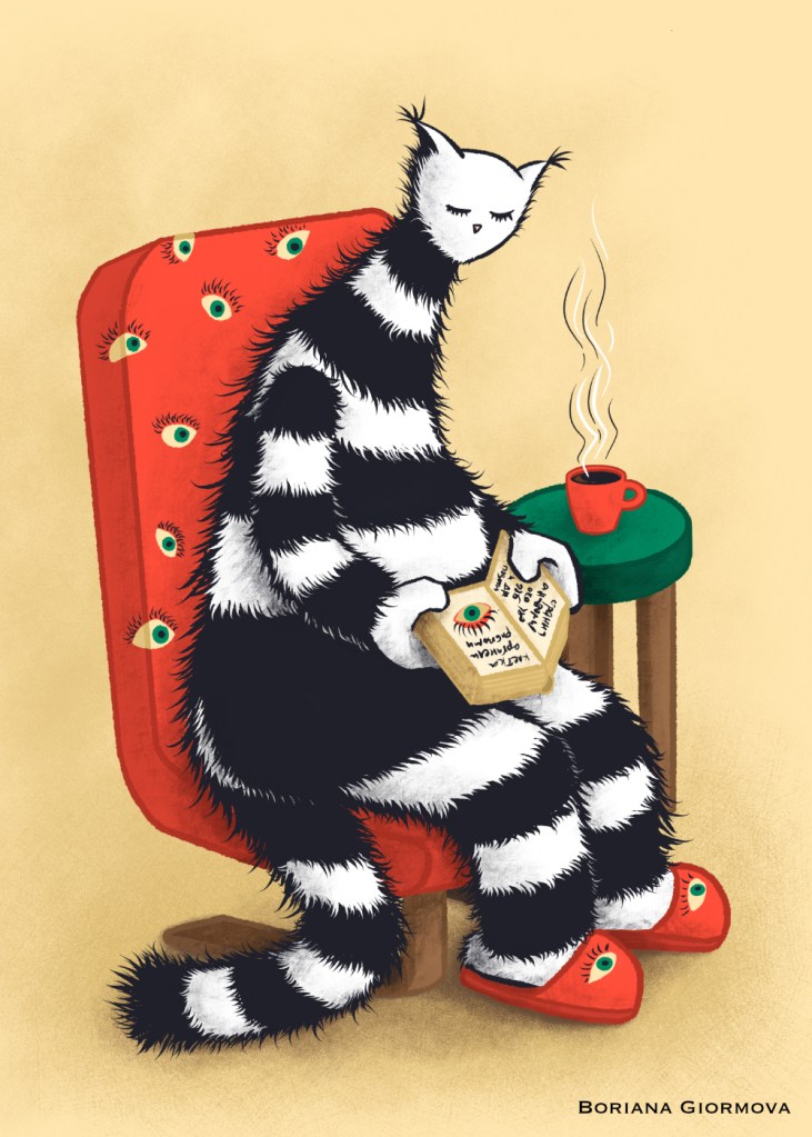 weird kitty feels comfortable sitting in a chair with eyes pattern, reading a biology book and drinking coffee.