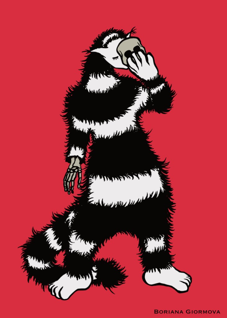 the cat character holds a skull mask in front of its face