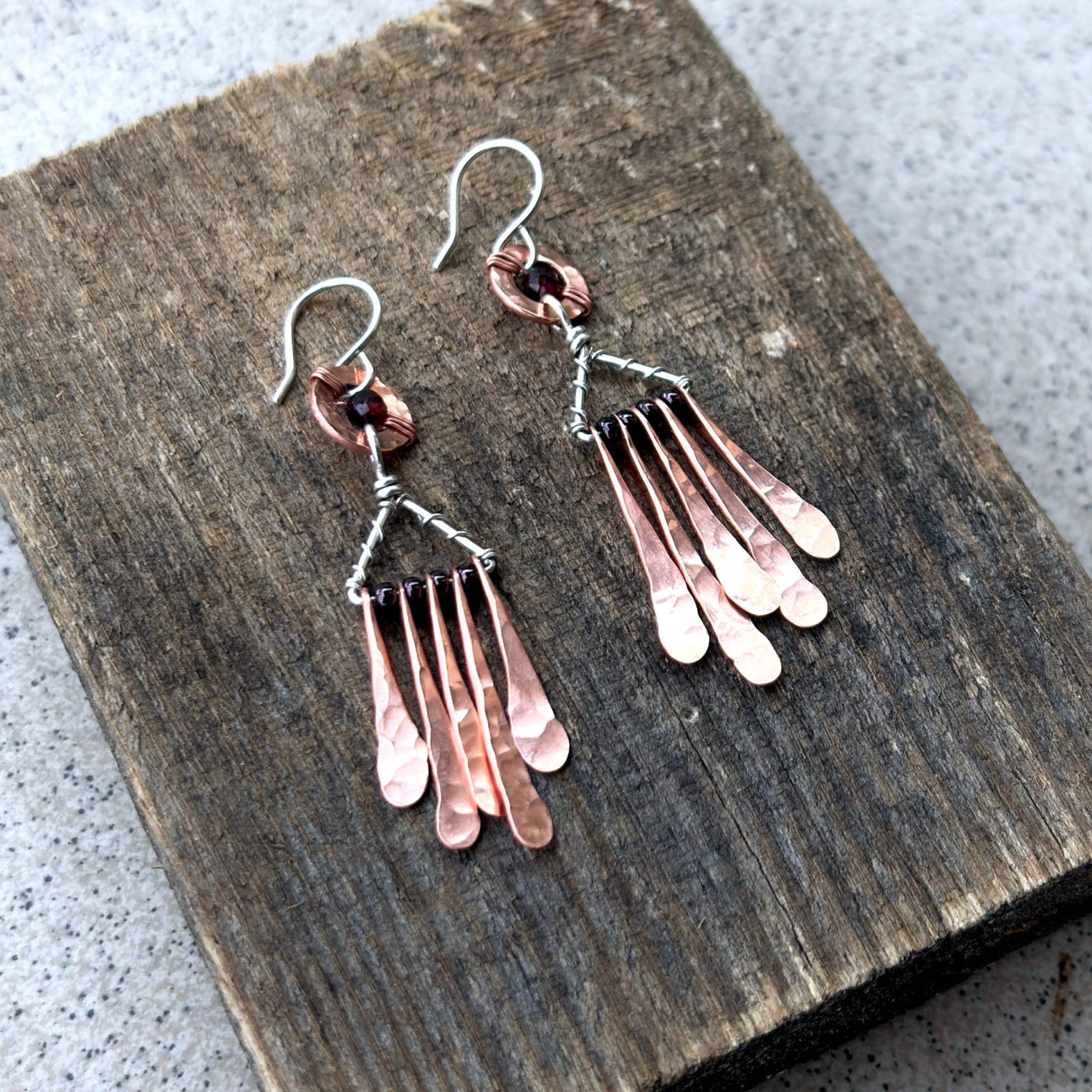 Copper Silver and Garnet Dangling&nbsp;Earrings