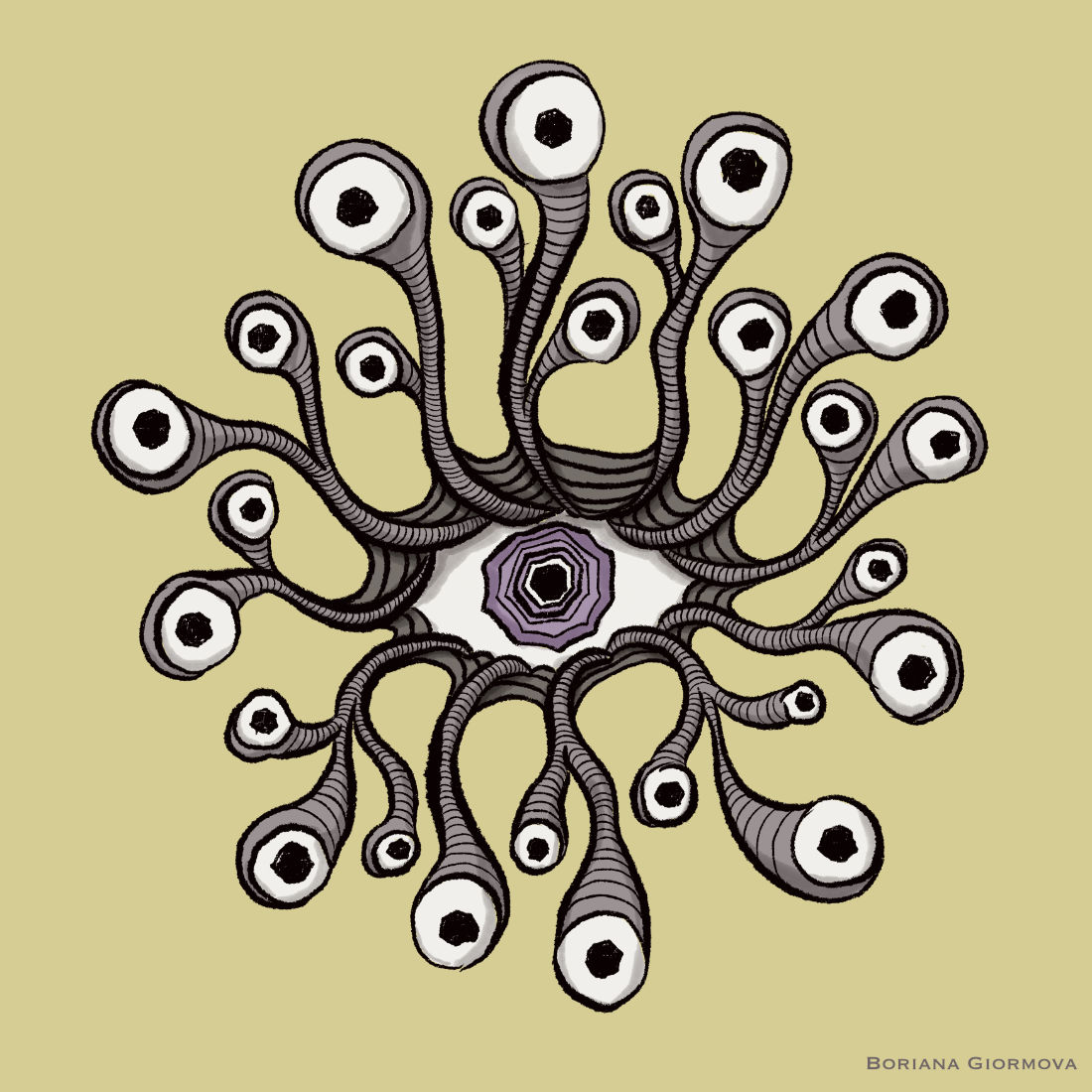 weird eye artwork with a centrall all-seeing eye with eyelashes shaped as tentacles, each on ending in its own eye. color scheme is purple, grey, light yellowish green, white and black.