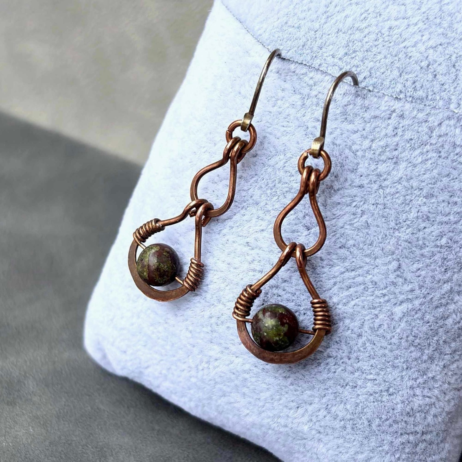 New pair of teardrop shaped copper earrings with dragonblood jasper&nbsp;stones