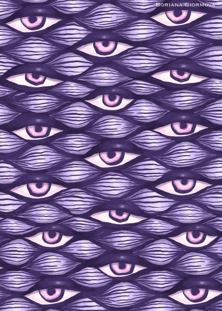 whimsigoth eye pattern with wavy purple eyes with pink irises, digitally drawn, finished artwork