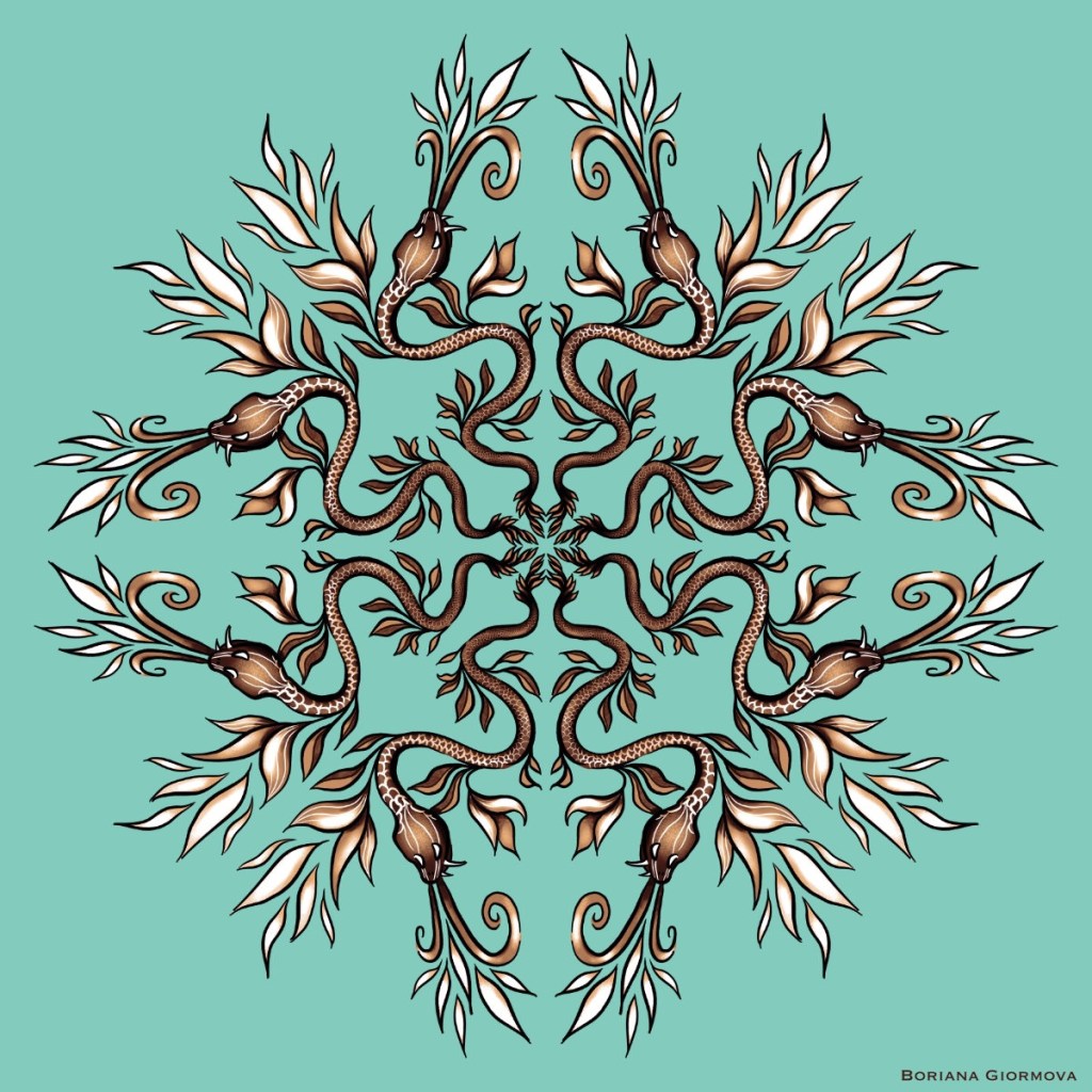art nouveau and dark academia style reminding digital artwork depicting a mandala of eight snakes and botanical elements in sepia and teal colors