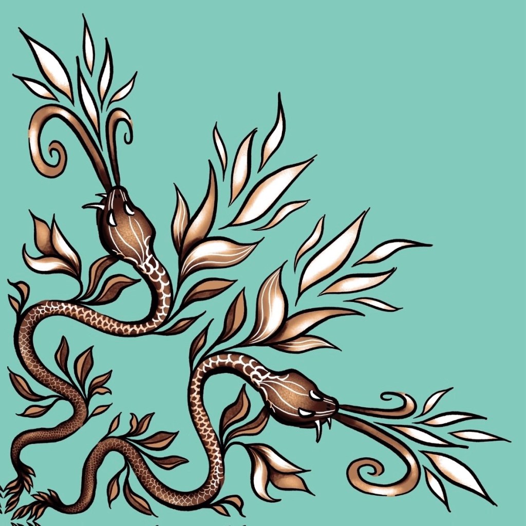 detail of artwork of snakes, leaves and flowers in sepia, bronze and teal colors - whimsigoth and dark academia style, elegant and beautiful